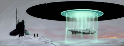 Spotkanie na biegunie północnym między okrętem podwodnym typu U-boot a latającym spodkiem (UFO, UFO lub obcy) w celu odzyskania okrętu podwodnego zabranego przez kosmitów podczas wojny. Rysunek autorstwa Alessandro Lonatiego autorstwa Alessandro Lonati