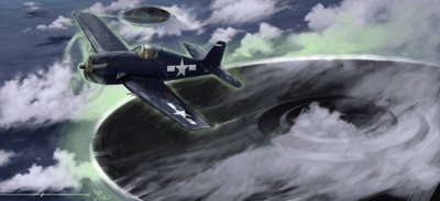Tajemnicze zjawiska: przedstawiające zniknięcie samolotu US Navy w trójkącie bermudzkim w latach 40. XX wieku. Legenda sugeruje, że byłoby to dzieło UFO (UFO lub kosmitów) przedstawionych tutaj. Rysunek autorstwa Alessandro Lonatiego autorstwa Alessandro Lonati