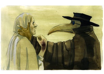 Lekarz dżumy noszący maskę przypominającą dziób, wypełnioną aromatycznymi przedmiotami przed ofiarą autorstwa Alessandro Lonati