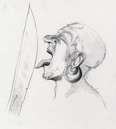 Portret pirata (korsarza) przeciwstawiającego się mieczowi, dotykając go językiem. Rysunek autorstwa Alessandro Lonatiego. autorstwa Alessandro Lonati