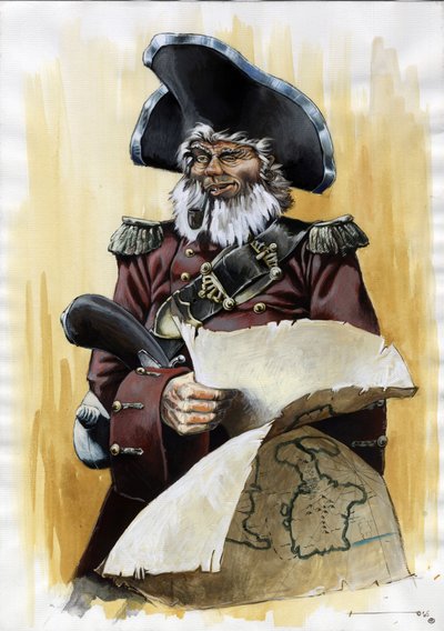 Portret pirata (korsarza) lub marynarza w trójgranie z mapą zdrajcy w dłoniach. Kolorystyka autorstwa Alessandro Lonatiego. autorstwa Alessandro Lonati