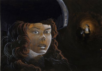 Portret kobiety-pirata (kasarza) lub marynarza w nocy, oświetlony latarnią innego pirata. Kolorystyka autorstwa Alessandro Lonatiego. autorstwa Alessandro Lonati