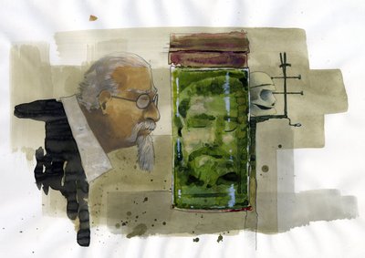 Portret włoskiego kryminologa patrzącego na własną głowę zachowaną w formalinie Ilustracja Alessandro Lonati autorstwa Alessandro Lonati