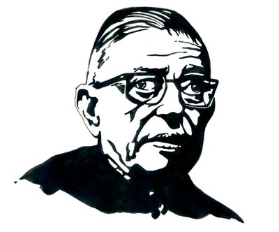 Portret francuskiego pisarza, filozofa i dramatopisarza Jean-Paul (Jean Paul) Sartre Rysunek autorstwa Alessandro Lonati