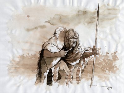 Prehistoria: przedstawienie neandertalczyka lub neandertalczyka w środkowym paleolicie. Rysunek autorstwa Alessandro Lonatiego autorstwa Alessandro Lonati