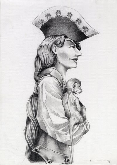 Portret profilowy piratki z Karaibów (kasarz), z małą małpką w ramionach. Rysunek autorstwa Alessandro Lonatiego. autorstwa Alessandro Lonati