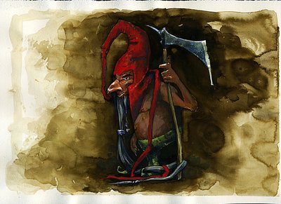 Przedstawienie czerwonej czapki (czerwona czapka, powrie lub dunter, Red-Bonnet) legendarnego złowrogiego stworzenia z rodziny goblinów z brytyjskiego folkloru - (czerwona czapka, złowrogi morderczy krasnolud, goblin, elf lub wróżka z folkloru pogranicza)  autorstwa Alessandro Lonati