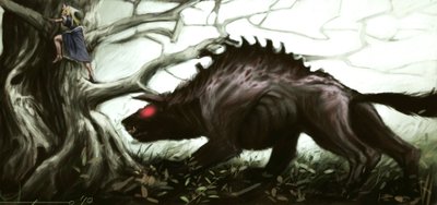 Przedstawienie legendarnego bete z Gevaudan atakującego małą dziewczynkę siedzącą na drzewie. Ilustracja Alessandro Lonatiego, 2010. autorstwa Alessandro Lonati