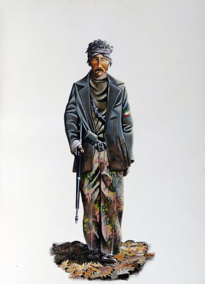 II wojna światowa: członek włoskiego ruchu oporu (makia lub partyzant, partyzant) (Resistenza Italiana), ubrany w strój maskujący i broń z karabinem maszynowym. 1943-1945. Ilustracja autorstwa Alessandro Lonatiego autorstwa Alessandro Lonati