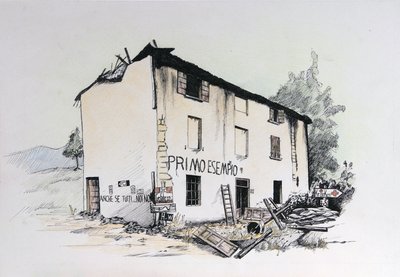 Druga wojna światowa: widok zrujnowanego domu w okupowanych Włoszech. Rysunek autorstwa Alessandro Lonatiego autorstwa Alessandro Lonati
