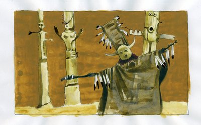 Szamanizm: duchowa ceremonia skupiona na mediacji między istotami ludzkimi a duchami natury - szaman i jego totemy Ilustracja: Alessandro Lonati autorstwa Alessandro Lonati