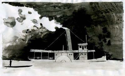 Steamship Ilustração do novo “”In the Heart of Darkness”” de Joseph Conrad. 2012polonês autorstwa Alessandro Lonati