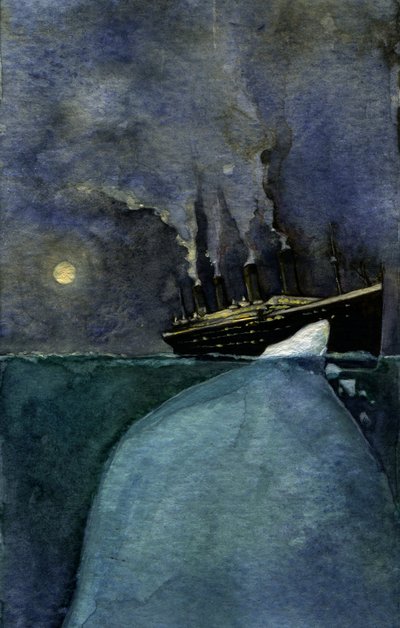 Widok transatlantyku Titanic w chwili zatonięcia 14 i 15 kwietnia 1912 r. w wyniku zderzenia z górą lodową. Ilustracja autorstwa Alessandro Lonatiego. 2011 autorstwa Alessandro Lonati