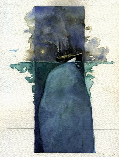 Widok transatlantyku Titanic w chwili zatonięcia 14 i 15 kwietnia 1912 r. w wyniku zderzenia z górą lodową. Ilustracja autorstwa Alessandro Lonatiego. 2011 autorstwa Alessandro Lonati