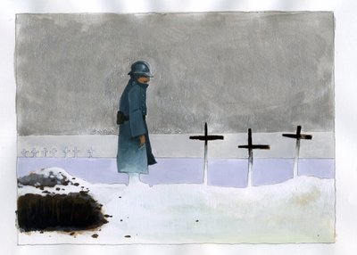 I wojna światowa: francuski żołnierz w grobie wojennym patrzący na krzyże autorstwa Alessandro Lonati