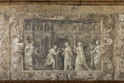Fresk monochromatyczny odtwarzający przedstawienia teatralne (fresk) autorstwa Alessandro Maganza