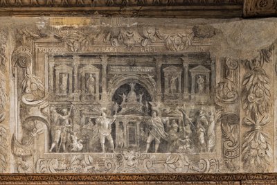 Spektakle teatralne kuratorowane przez akademię, Sala przedsionka (monochromatyczny fresk) autorstwa Alessandro Maganza