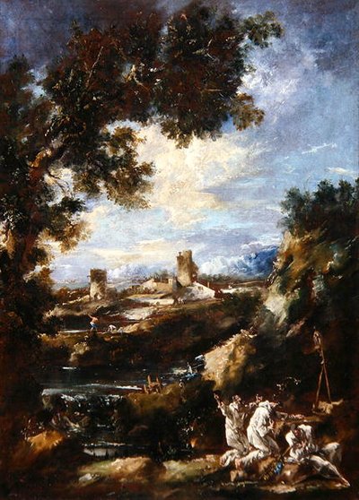 Krajobraz z braćmi karmelitańskimi modlącymi się w przydrożnej kapliczce, ok. 1720 (olej na płótnie) autorstwa Alessandro Magnasco