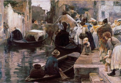 ""Ślub w Wenecji"" Nowożeńcy jadą gondolą. Obraz Alessandro Milesi (1856-1945) 1897 Rzym. Galleria Nazionale d