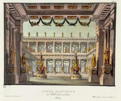 Wspaniałe miejsce: widok na świątynię Scenografia do przedstawienia lirycznego dramatu „Enea nel Lazio” (1799) Giuseppe Sarti. Litografia w „Zbiorze wynalazków scenicznych z 1830 roku autorstwa Alessandro Sanquirico (1777-1849)””. Prywatne Milanese autorstwa Alessandro Sanquirico