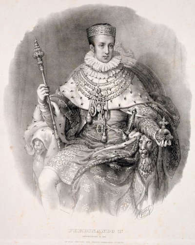 Ferdynand I (1793-1875), król Lombardii-Wenecji, w szatach państwowych, z „Coronazione de SMIRA Ferdinando I, il Re del Regno Lombard-Venetia”, opublikowany 1838 autorstwa Alessandro Sanquirico