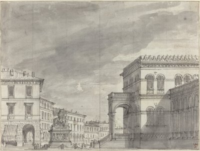 Piazza z pomnikiem jeździeckim i pałacem autorstwa Alessandro Sanquirico