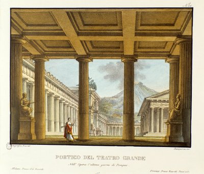 Portyk Teatru Wielkiego w Pompejach, w tle scenografia Vesuve do wykonania „opery” L