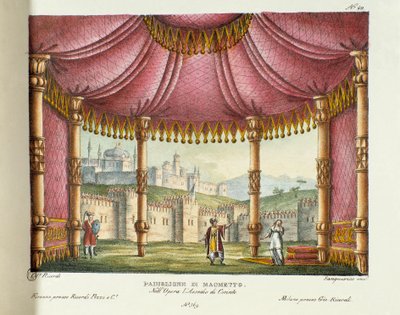 Pawilon Mahometa (Akt II) Scenografia do przedstawienia w Teatro alla scala w Mediolanie w 1829 opery „Oblężenie Koryntu” (lub Oblężenie Koryntu) Gioacchino Rossiniego (lub Gioachino) (1826). Litografia w „Zbiorze wynalazków” autorstwa Alessandro Sanquirico