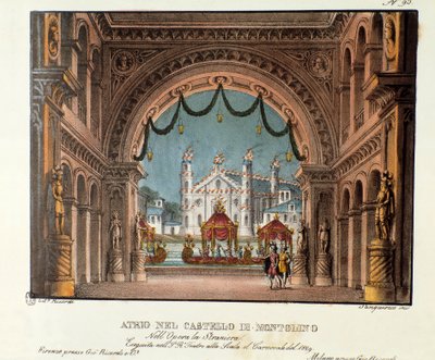 Przedsionek zamku Montolino w Bretanii Scenografia do wykonania w Teatro alla scala w 1829 roku opery „La straniera” (1828) Vincenzo Belliniego. Litografia w „Zbiorze wynalazków scenicznych z 1830 roku autorstwa Alessandro Sanquiri autorstwa Alessandro Sanquirico