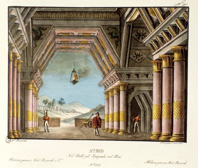 Widok dużej sali pałacowej Scenografia do baletu „Hiszpanie w Peru” włoskiego choreografa Giovanniego Galzeraniego (1780-1865) (1828). Litografia w „”Zbiorze wynalazków scenicznych z 1830 roku autorstwa Alessandro Sanquirico (1777-1849)””. pr . mediolańska autorstwa Alessandro Sanquirico