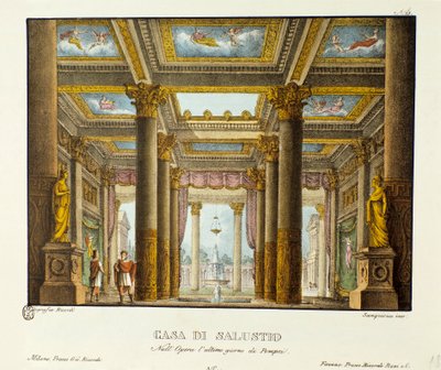 Widok Domu Salustia (Saluste) Scenografia do przedstawienia „Ostatni dzień Pompejów” Giovanniego Paciniego (Ostatni dzień Pompejów). Litografia w „”Zbiorze wynalazków scenicznych z 1830 roku autorstwa Alessandro Sanquirico (1777-1849)””. Mediolan autorstwa Alessandro Sanquirico