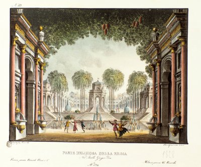 Widok na dwór królewski Pałacu Czyngis-chana Scenografia do baletu „Genis-Kan” włoskiego choreografa Giovanniego Galzeraniego (1780-1865) (1828). Litografia w „Zbiorze wynalazków scenicznych z 1830 roku autorstwa Alessandro Sanquirico (1777-1849)” autorstwa Alessandro Sanquirico