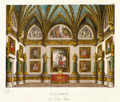 Widok galerii decoree obrazów Scenografia do opery „I due figaro”” włoskiego kompozytora Giuseppe Saverio Raffaele Mercadante (1795-1870), po utworze „Dwa figaro, czyli temat komedii”” (1794 ) przez Honore Francois Richaud autorstwa Alessandro Sanquirico