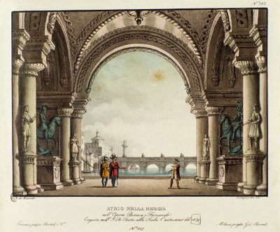 Widok sali pałacu królewskiego Scenografia do przedstawienia w 1829 roku opery „Bianca e Fernando” Vincenzo Belliniego (1826). Litografia w „”Zbiorze wynalazków scenicznych z 1830 roku autorstwa Alessandro Sanquirico (1777-1849)””. Prywatne Milanese autorstwa Alessandro Sanquirico