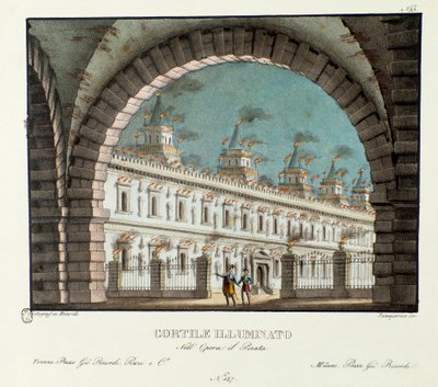 Widok na duży oświetlony dziedziniec Scenografia do przedstawienia opery Il pirata (Pirat) (1827) Vincenzo Belliniego. Litografia w „Zbiorze wynalazków scenicznych z 1830 roku autorstwa Alessandro Sanquirico (1777-1849)””. Mediolan prywatny c autorstwa Alessandro Sanquirico