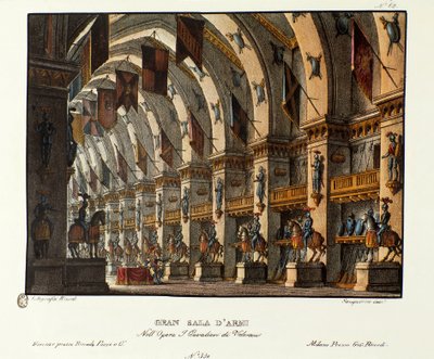 Widok na dużą salę broni Scenografia do przedstawienia opery „I cavalieri di Valenza” Giovanniego Paciniego i Gaetano Rossiego (1828). Litografia w „”Zbiorze wynalazków scenicznych z 1830 roku autorstwa Alessandro Sanquirico (1777-1849)””. mediolański p autorstwa Alessandro Sanquirico