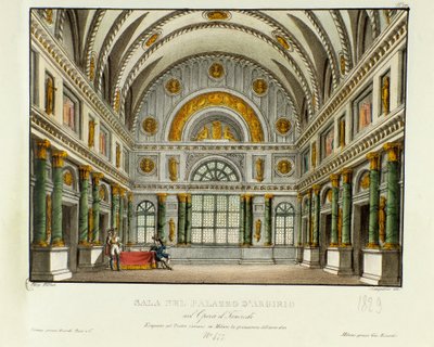 Widok pałacu króla Syrakuz Argirio Scenografia do wykonania w Mediolanie w 1829 roku opery „Tancredi” (lub Tancrede) Gioacchino Rossiniego (lub Gioachino) (1813) po dziele Woltera „Tancrede”. Litografia w „” Raccolta di invenzion autorstwa Alessandro Sanquirico