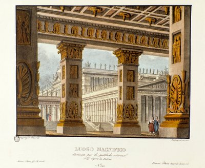 Widok na pałac, w którym odbywają się przesłuchania publiczne Scenografia do przedstawienia lirycznej tragedii „Didon” (Didon) (1783) autorstwa kompozytora Niccolo Vito Piccinniego (lub Piccinniego) po operze Metastasio (Metastase). Litografia w „” Raccolt autorstwa Alessandro Sanquirico