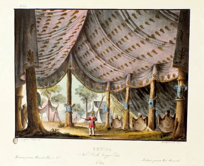 Widok królewskiego namiotu Czyngis-chana Scenografia do baletu „Genis-Kan” włoskiego choreografa Giovanniego Galzeraniego (1780-1865) (1828). Litografia w „Zbiorze wynalazków scenicznych z 1830 roku autorstwa Alessandro Sanquirico (1777-1849)””. Mediolańsk autorstwa Alessandro Sanquirico