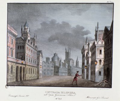 Widok na przedmieścia Londynu Scenografia do przedstawienia opery „Giovanna Shore” (Jeanne Shore) Carlo Pontiego (1829). Litografia w „”Zbiorze wynalazków scenicznych z 1830 roku autorstwa Alessandro Sanquirico (1777-1849)””. Prywatna kolekcja mediolańska autorstwa Alessandro Sanquirico