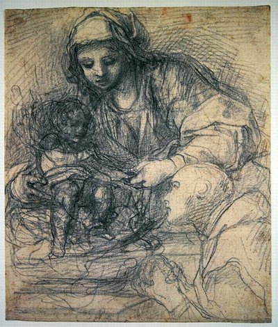 Madonna z Dzieciątkiem z Kartuzem (czarna kreda na rysiku na jasnoniebieskim papierze) autorstwa Alessandro Tiarini