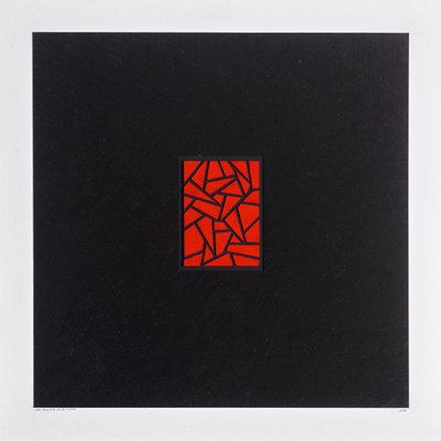 Red Bits on Black, 2021 (emalia na karcie) autorstwa Alex Dunn