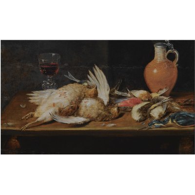 Martwa natura z rudzikiem, zimorodkiem, kuropatwami i ptakami śpiewającymi, wszystkie na drewnianym stole, wraz ze szklanką i glinianym dzbankiem. autorstwa Alexander Adriaenssen