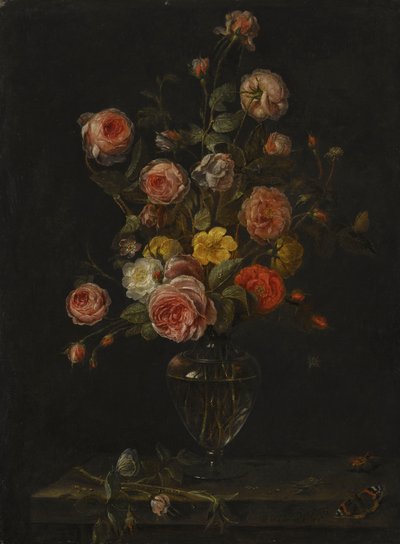 Martwa natura z czerwonymi, białymi i różowymi różami w szklanym wazonie nad kamienną półką z motylami, pasikonikiem i chrząszczem. autorstwa Alexander Adriaenssen
