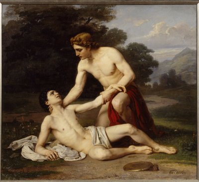 Apollo i Hiacynt (Apollo i Hiacynt). Grecki bóg pochyla się nad młodzieńcem, rannym w świątyni podczas treningu rzutu dyskiem. Obraz Aleksandra Aleksiejewicza Kiselewa (1855-po 1918), olej na płótnie autorstwa Alexander Alexeyevich Kiselev