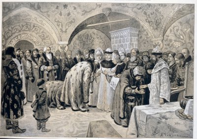 Przyjęcie carycy po porankach wielkanocnych. Praca Aleksandra Andriejewicza Czikina (1865-1924), litografia. Sztuka rosyjska autorstwa Alexander Andreyevich Chikin