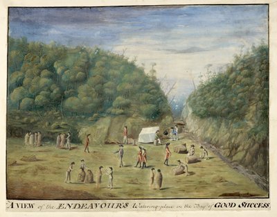 Dodać. 23920, f.11 "Widok na wodopoju Endeavour w Zatoce Dobrego Sukcesu, Ziemia Ognista, z tubylcami", styczeń 1769 (pióro i atrament z akwarelą na papierze) autorstwa Alexander Buchan