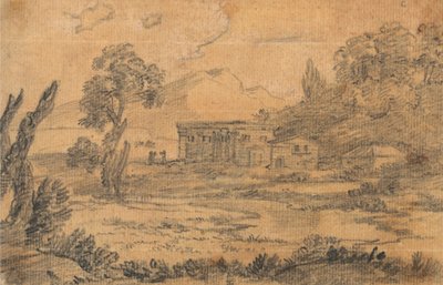 Budynki nad rzeką ze wzgórzami w tle autorstwa Alexander Cozens