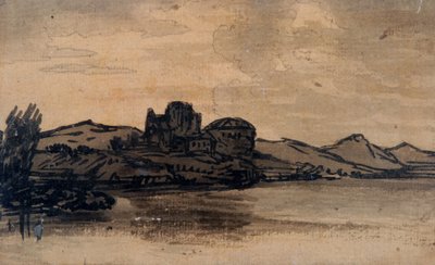 Włoski pejzaż z budynkiem z kopułą (ołówek i pranie na papierze) autorstwa Alexander Cozens