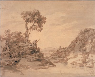 Krajobraz z postacią na brzegu stawu (akwarela, sepia i pranie) autorstwa Alexander Cozens